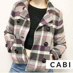 CAbi Grey, Purple, & Pink Plaid Pea Coat